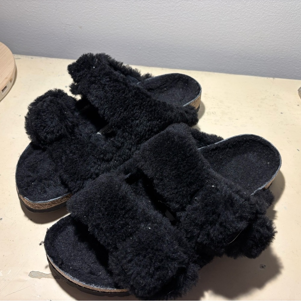 Birkenstock Black Shearling Sandals